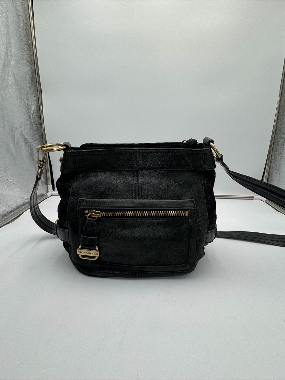 Tignanello Black Leather Crossbody Shoulder Bag Gold Tone Hardware